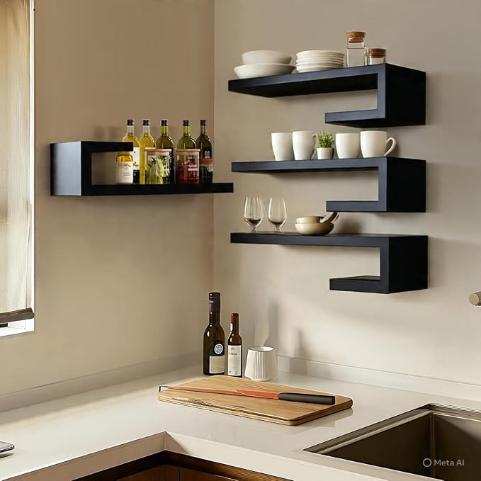 Image of Multifunctional 2 Wall Shelves and Storage Rack | Engineered Wood Painted Book Shelf Multipurpose Home Decor Storage Shelf Display Organizer for Living Room & Bedroom (Black)