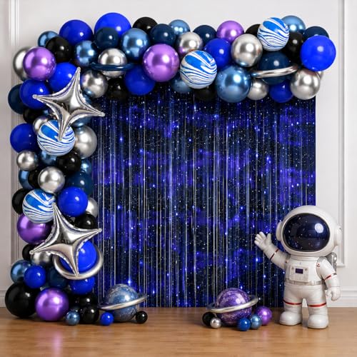 Space Balloon Arch Kit Birthday Party Decorations 102 Pcs Navy Blue Silver Galaxy Astronaut Balloons Garland with Fringe Backdrop for Boys Birthday Outer Space Party Decorations