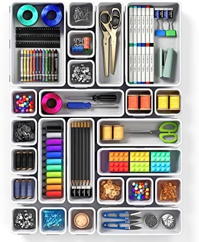 Fkamz Craft Organizers and Storage Box Tray Divider Set 24 Pieces, Rolling Storage Cart Drawer Organizer Art Bin for Ribbons, Beads, Sticker, Yarn, and Ornaments, Sewing Work Bench Small Parts