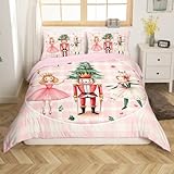 Erosebridal Nutcracker Christmas Comforter Cover Queen Pink White Buffalo Plaid Duvet Cover for Kids Girls Royal Guarder Ballet Princess Bedding Set Grids Xmas Pine Tree Leaves Bed Set Soft Warm