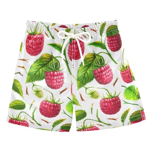 DOMIKING Raspberry Leaves White Kids Board Shorts Little Boys Adjustable Bathing Suit for Childs Boy Quick Dry 4T