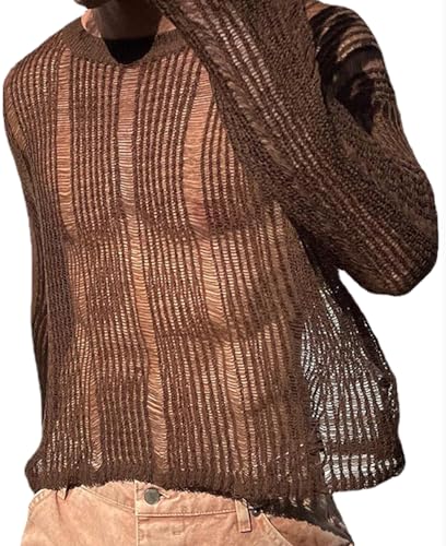 Men’s Sheer Long Sleeve Top Knitted Mesh Shirts Club See Through Sweater Hollow Out Transparent Shirts Top Brown US Size S