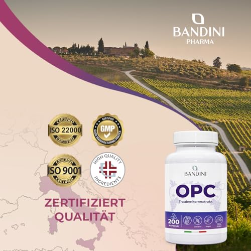 Bandini® OPC Traubenkernextrakt 200 Kapseln für 3 Monate | Hochdosiert mit 95% OPC je Kapsel | Höchster Gehalt nach HPLC | Aus italienischen Weintrauben | 1052mg Extrakt mit 999,4mg + 24mg Vitamin C