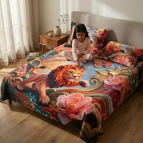 Image of Jungle 7D Printed Bedsheet for Double Bed | Glace Cotton 7D Digital Print | 90x100 Inch (228x254 cm) | 1 Bedsheet + 2 Pillow Covers | Soft, Breathable & Vibrant Colour Bedding Set