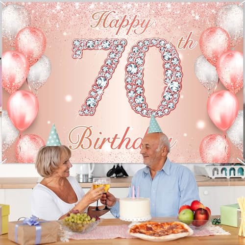 Image of Happy 70th Birthday Rose Gold Banner Cheers to 70 Years Old Backdrop Confetti Balloons Theme Decor for Women 70 Years Old Pink Birthday Party Decorations Bday Supplies Background Favors Gift Glitter