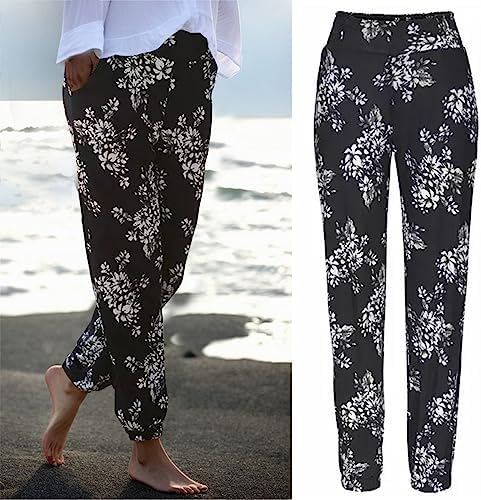 Boseucn Sommerhose Damen Leicht - Boho Strandhose Mit Elastischem Bund Und Taschen