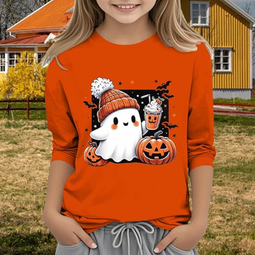 Pumpkin Halloween Shirts for Teens Girls Funny Ghost Graphic Crewneck 3/4 Sleeve Tees Kids Cute Holiday Party Summer Clothes4