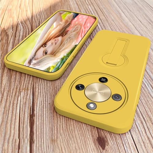 Coque Honor Magic 8 Lite en silicone jaune avec support et dragonne