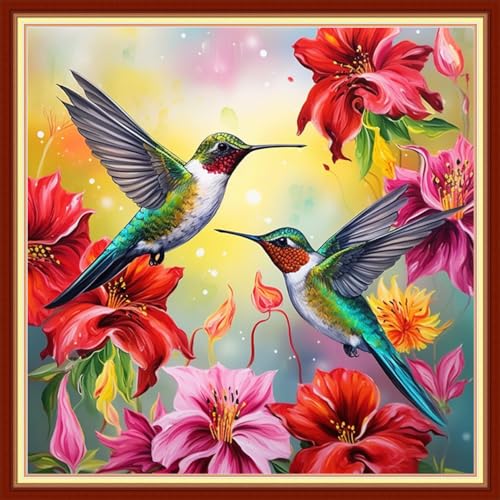 Image of DMCVIVR Stamped Cross Stitch Kits for Beginners Adults Needlepoint Kits for Beginners Embroidery Kits for Adults Crossstitch Kit for Beginners 11CT-Hummingbird Flowers 18x18 inchs
