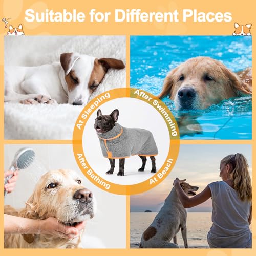Bienbee Hunde-Bademantel, schnell trocknend, super saugfähig, nach dem Baden, warmes Handtuch, Hundebadzubehör, Grau, Größe M