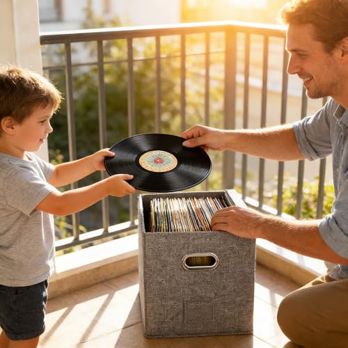 CHSG Vinyl-Schallplatten-Aufbewahrungsbox für 45+ Single-LPs (12-Zoll), Schallplatten-Organizer für Alben, CDs, Pässe, Zeitschriften, Akten, Aktenordner Schrank Organizer Case mit Griff - Grau