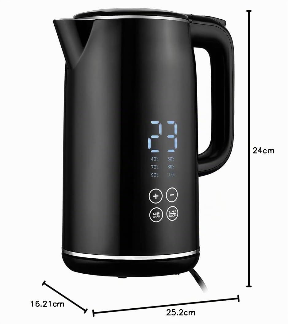 Venga! Bouilloire Électrique 1,7 L, Intérieur Acier Inoxydable 100% Sans BPA, Double Paroi, Maintien au Chaud pendant 4h, Affichage Digital, 6 Températures Préréglées, Noir/Argent, 2200 W, VG JK 3003