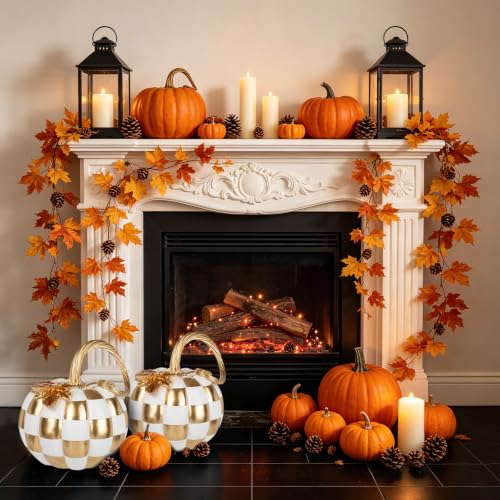 Large Decorative Pumpkin with White Gold Checkered Pattern for Fall Decor by Nature Crafted - Used condition - Image 6