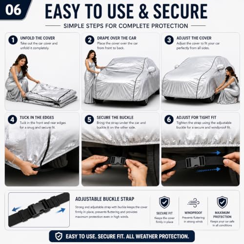 Image of 100% Waterproof Car Cover for Eeco All Weather Protection with Mirror Pocket Inner Cotton Layer Triple Stitched Cover with Adjustable Belt Bottom Elastic to Secure Fit-Silver