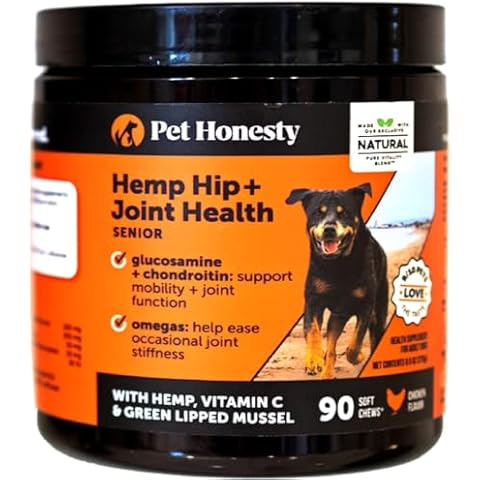 Pet Honesty Senior Hemp Hip & Joint Supplement for Dogs - Dog Joint Supplement with Hemp Oil & Powder, Glucosamine for Dogs, Collagen, MSM & Green Lipped Mussel - Mobility for Senior Dogs (Chicken 90) Cover