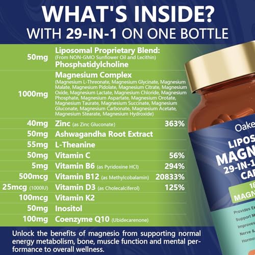 Image of 2 Pack 29-in-1 Liposomal 18 Active Types Magnesium Complex 1400MG Capsule,L-Threonate Glycinate Malate etc,Mild & Efficient,Extra Vitamin B6 B12 D3K2 & CoQ10, Relaxation Nerve* & Hert* Support