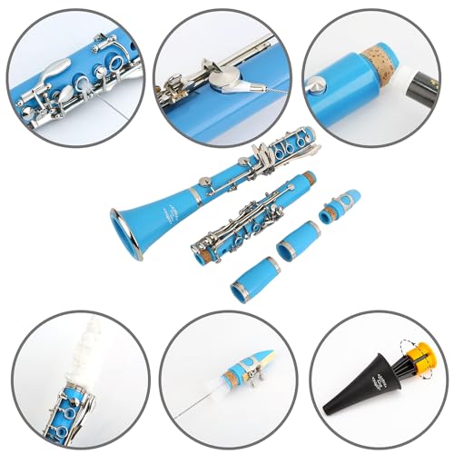 Image of Glory GLY-CLALB Professional Ebonite Bb Clarinet with 10 Reeds, Stand, Hard Case, Cleaning Cloth, Mouthpiece Brush and Pad Brush,Light Blue /Silver