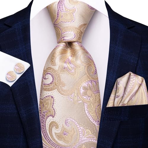 Image of Hi-Tie Mens Paisley Floral Striped Ties Set Silk Necktie and Lapel Pin for Men Pocket Square Cufflinks Set Business Wedding