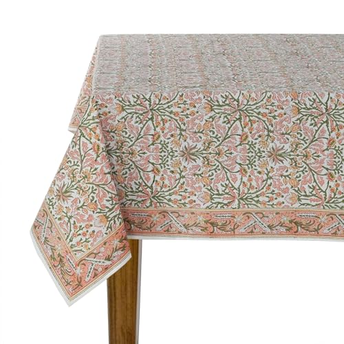 Ridhi Sassy Salmon Pink Hand Block Print Cotton Rectangle Tablecloth
