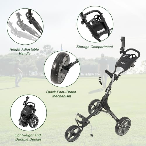 image for KVV 3 Wheel Foldable/Collapsible Golf Push Cart Ultra Lightweight Smal