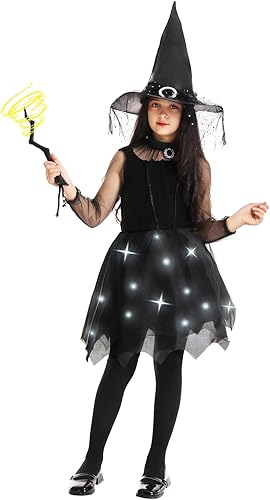 Disfraz de bruja iluminado para niñas, disfraz de Halloween de princesa oscura con sombrero puntiagudo, varita mágica