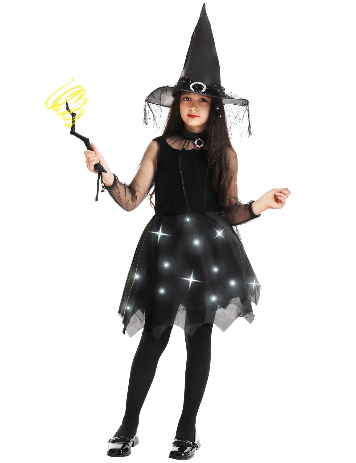 OumbivilLight Up Witch Costume Dress Girls Kids Halloween Costume Dark Princess Cosplay with Pointed Hat Magic Wand Stocking