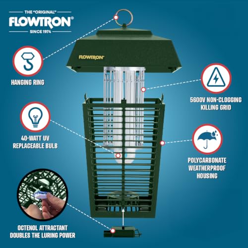 Image of Flowtron Electric Bug Zapper, 1 Acre Outdoor, 40W UV, 5600V Zap, Green