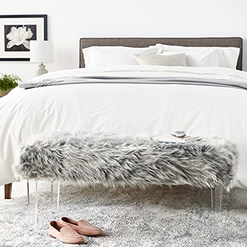 Iconic Home Trento Modern Contemporary Faux Fur Acrylic Leg Bench, Grey #TOP6