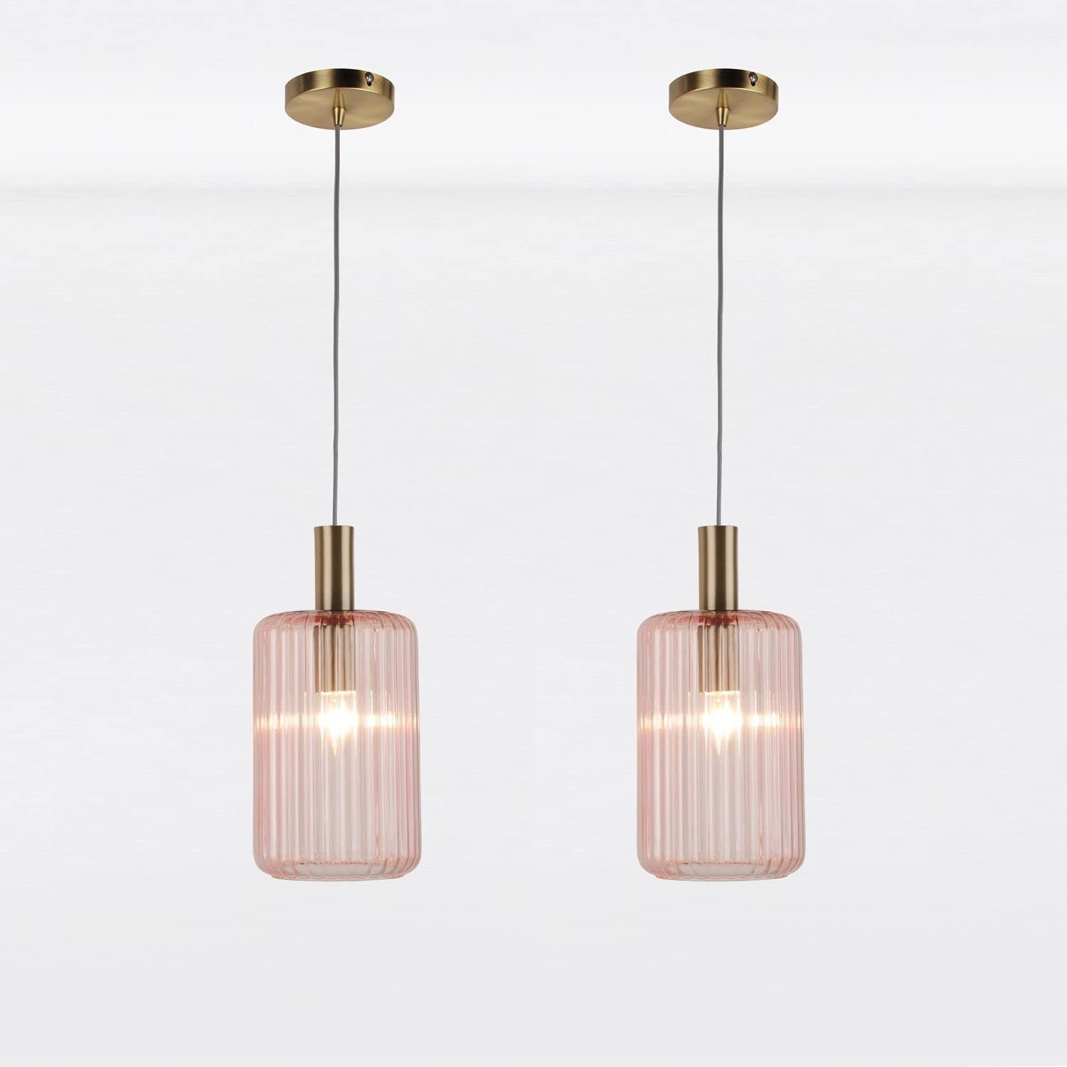 firstchoicelighting Set of 2 Blush Pink Glass Pendant Light Fittings, Gold Details, Kitchen Island Dining Ceiling Light, Height Adjustable 40cm - 100cm, LED Compatible