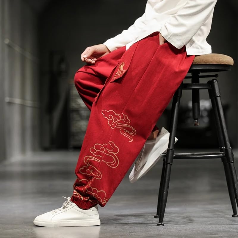 Men's Wied Leg Pants Cotton Linen Casual Trousers Male Embroidery Men Jogging Sweatpants Streetwear4