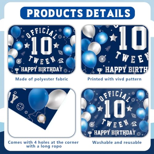 Image of Happy 10th Birthday Banner Backdrop 10th Birthday Decorations for Boys | Large Official Tween 10 Year Old Backdrop HBD Party Decorations Supplies, Navy Blue Silver