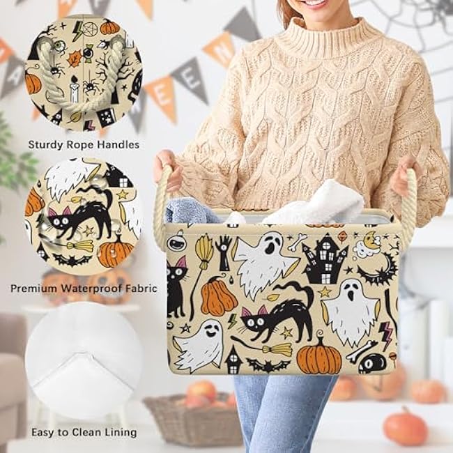 Halloween Ghost Basket Pumpkin Black Bat Boo Spooky Basket with Handles Foldable Waterproof Halloween Gifts Storage Bins Boxes for Party Home Bedroom Decor
