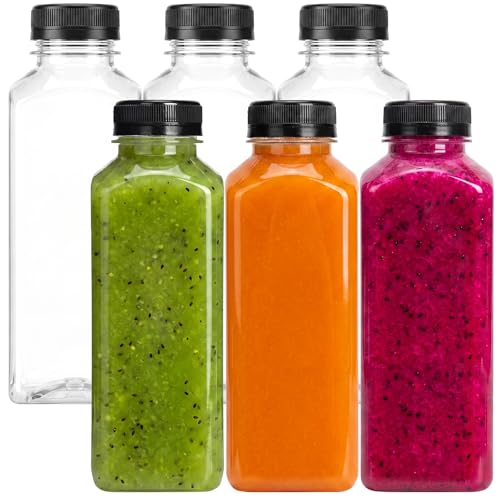 Moretoes 6pcs 16oz Plastic Juice Bottles with Caps, Clear Empty Reusable Water Bottles, Disposable Beverage Containers Bulk for Juicing Smoothies Turmeric Juice Milk and Other Beverages