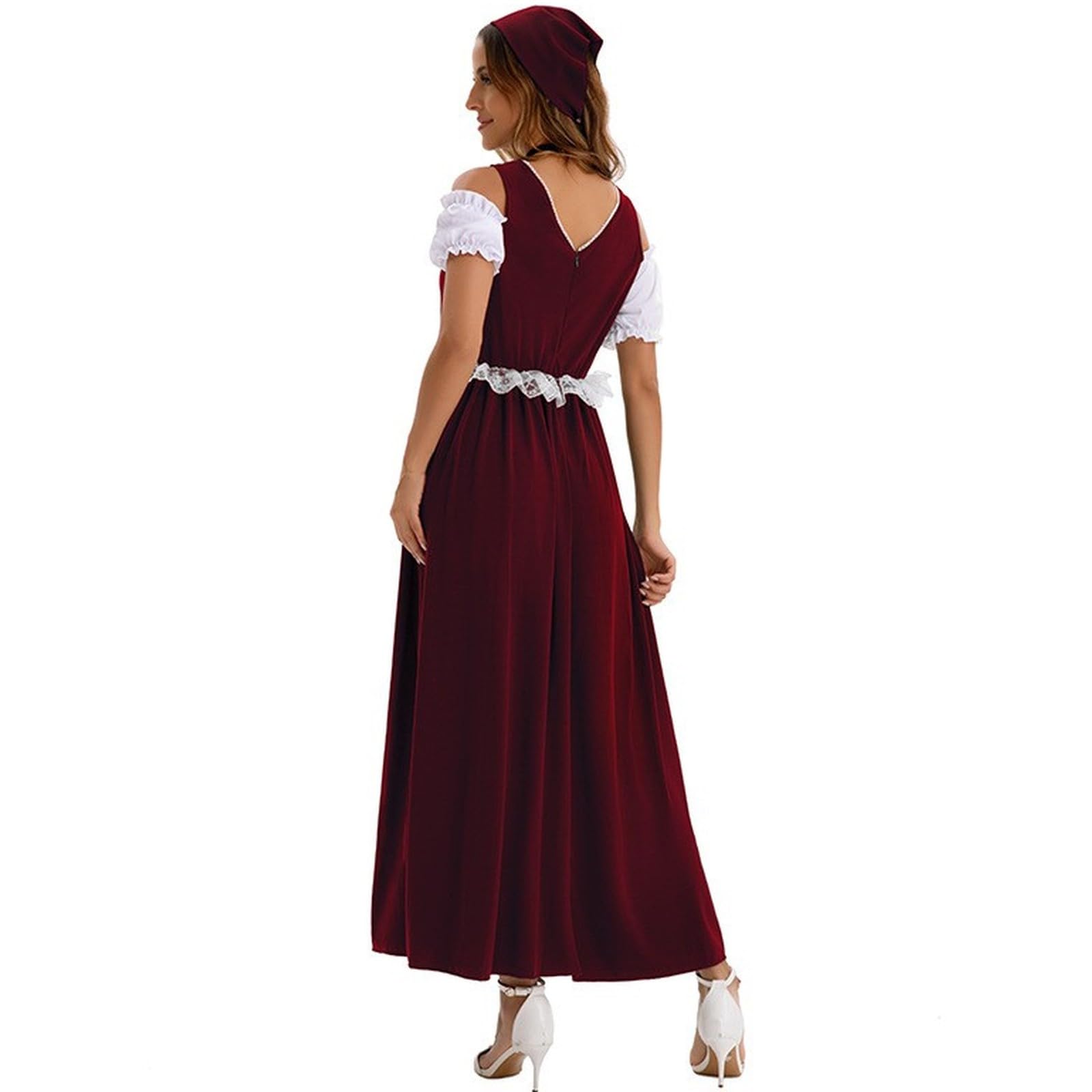 Dirndl Lang Damen Festlich Maxi Dirndl-Komplettsets Trachtenkleid Damen Lang Set Ohne Schürze Oktoberfest Outfit Frauen Kleider mit Spitze Dirndlkleid inkl. Dirndlbluse und Kopftuch