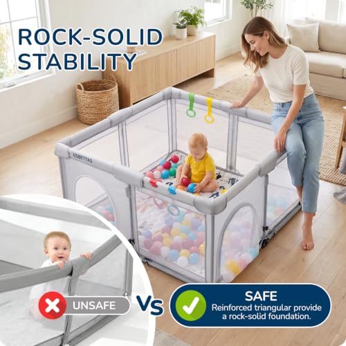 Image of Foldable Baby Playpen, 1-Minute Setup, Lightweight Portable Playpen with Carry Bag, 50 inchx50 inch Indoor Outdoor Safty Play Yard for Babies & Toddlers, Light Gray