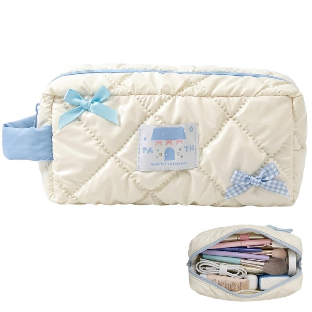 Cute Pencil Pouch for Girls Aesthetic, Makeup Pouch Bag with Bow, White & Blue Korean Style Stationery Organizer for School | Elegant Pastel Pen Case for Teen Girls & Students-image-35