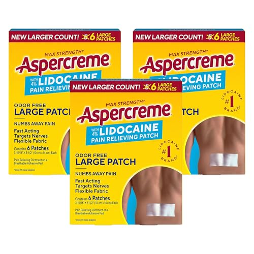 Aspercreme Lidocaine Pain Relief Patch for Back Neck & Shoulder Pain Topical Patches with Max-Strength 4% Lidocaine & Flexible Fabric Numbs Away Pain 6 Ct. 3 Pack
