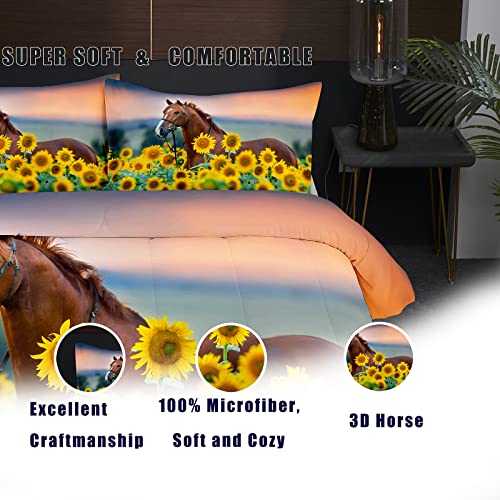 Ninenine Horse Comforter Bedding Set Full For Boys Teens,Horse Walking Among Sunflowers Pattern Printed Bedding Set,Sunflower Comforter Set,Soft Microfiber Quilt Set With Matching Pillowcase#5002 #TOP2