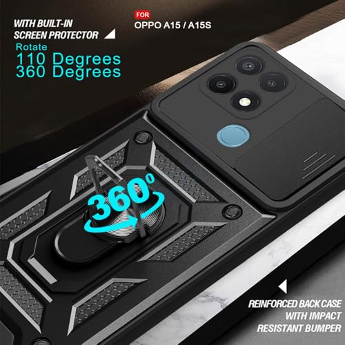 Image of AESTMO Tough Armor Oppo A15 / A15s Bumper Back Case Cover | Ring Holder & Sliding Camera Shield Cover | 360 Degree Protection Back Case Cover for Oppo A15 / A15s (Black)