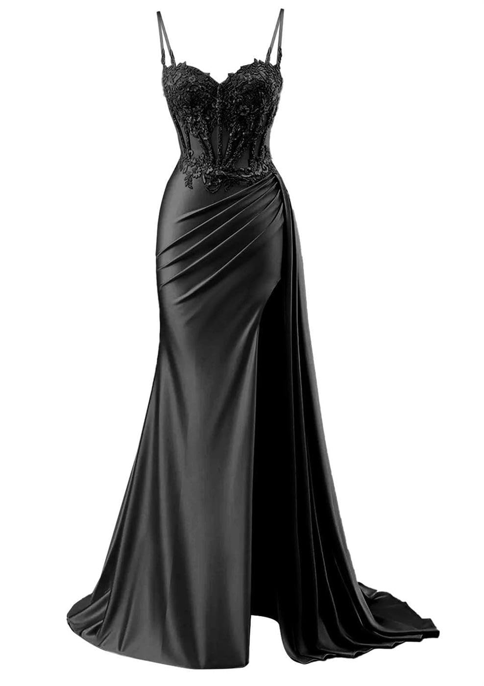 KIYNE Spaghetti Strap Prom Dresses for Teens with Lace Applique Mermaid Satin Formal Dress Long Ball Gown Black UK10