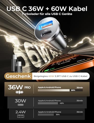 LISEN 54W Zigarettenanzünder USB C PD&QC3.0 12V USB Adapter Auto Ladegerät mit 60W Kabel Metall USB Zigarettenanzünder Adapter KFZ Ladegerät USB C für iPhone 17 Pro Max Air 16 Samsung S25 Ultra IPad