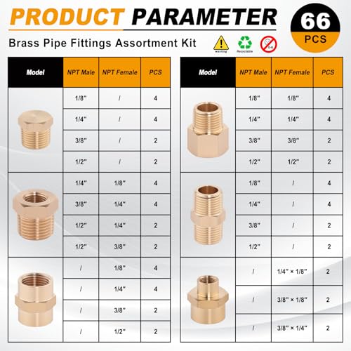 Image of KOOTANS 66PCS Brass Pipe Fittings Assortment Kit Pipe NPT Set | 1 /8 inch 1 /4 inch 3 /8 inch 1 /2 inch NPT Adapter Fitting, Reducer Bushing, Hex Nipple, Close Nipple, Reducing Hex Coupling, Pipe NPT Plug Set