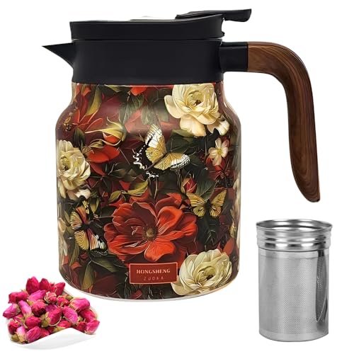 YANGUN Thermos Teapot with Infuser, Thermal teapot, Vintage Floral Pattern Tea Thermos with Handle, Stainless Steel Thermal Carafe for Hot Tea and Cold Drinks, Tea and Coffee Jug, 1000ML (Bright Red)