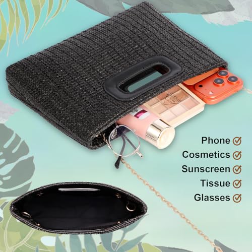 Image of Beach Clutch Bag Straw Summer Clutch Purses for Women Handmade Woven Purse Detachable Gold Chain, Crossbody