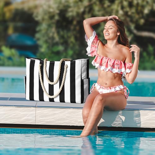 Image of Becokan Women's Pool Swim Bag - Waterproof Sandproof Large Stripe Beach Tote with Zipper