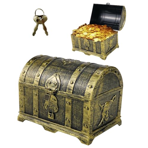 VicBou Cofre del Tesoro, Cofre del Tesoro Pirata, Caja de Almacenamiento de Regalo de Plástico, Decoración y Almacenamiento, Almacenar Collares, Anillos, Aretes, Color Bronce
