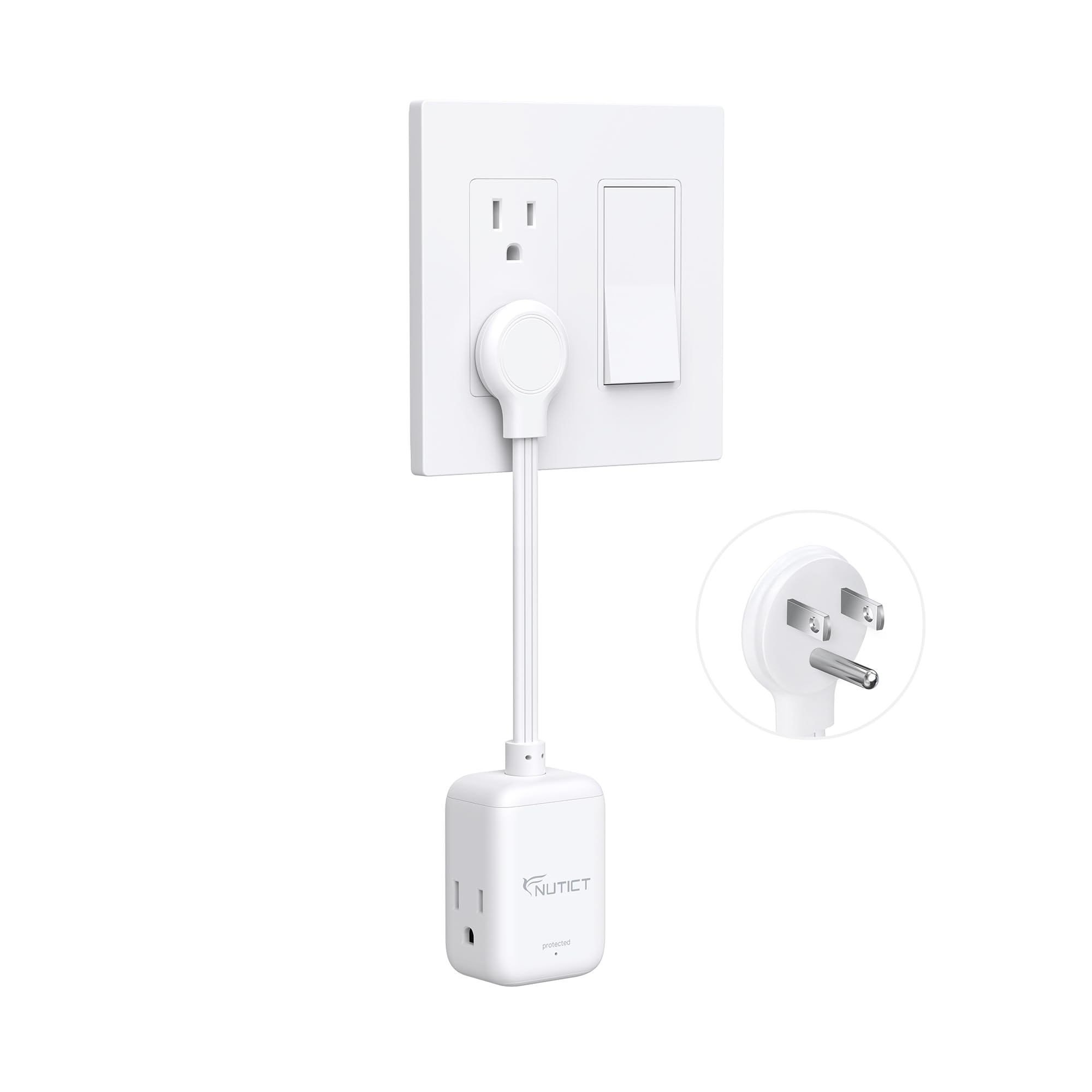 NUTICT - Surge Protector Extension Cable 3 Output Flat Power Cord 15A 900J Protection 0.2m White-image-17