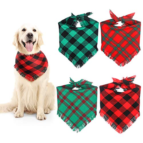 Weewooday 4 Pieces Dog Bandana Christmas Pet Plaid Reversible Triangle Scarf Adjustable Dog Bib for Dogs Cats Pets Animals Costume Accessories