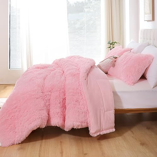 Smoofy Fluffy Twin Comforter Set, Faux Fur Comforter Set Pink, Luxury Fuzzy Twin Bedding Set Pink, Soft Shaggy Bed Set for All Season, 2 Pieces - 1 Comforter & 1 Pillowcase
