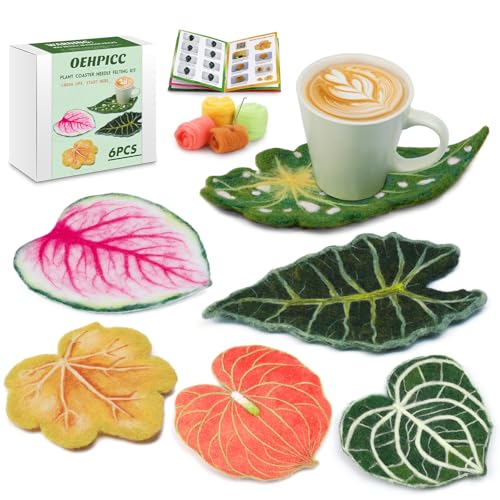 Image of OEHPICC Needle Felting Kit, 6 Pcs Plant Leaf Coasters Needle Felting Starter Kit,Wool Felting Kit with Wool Roving, Foam Pad and Instructions for DIY Felting Starters